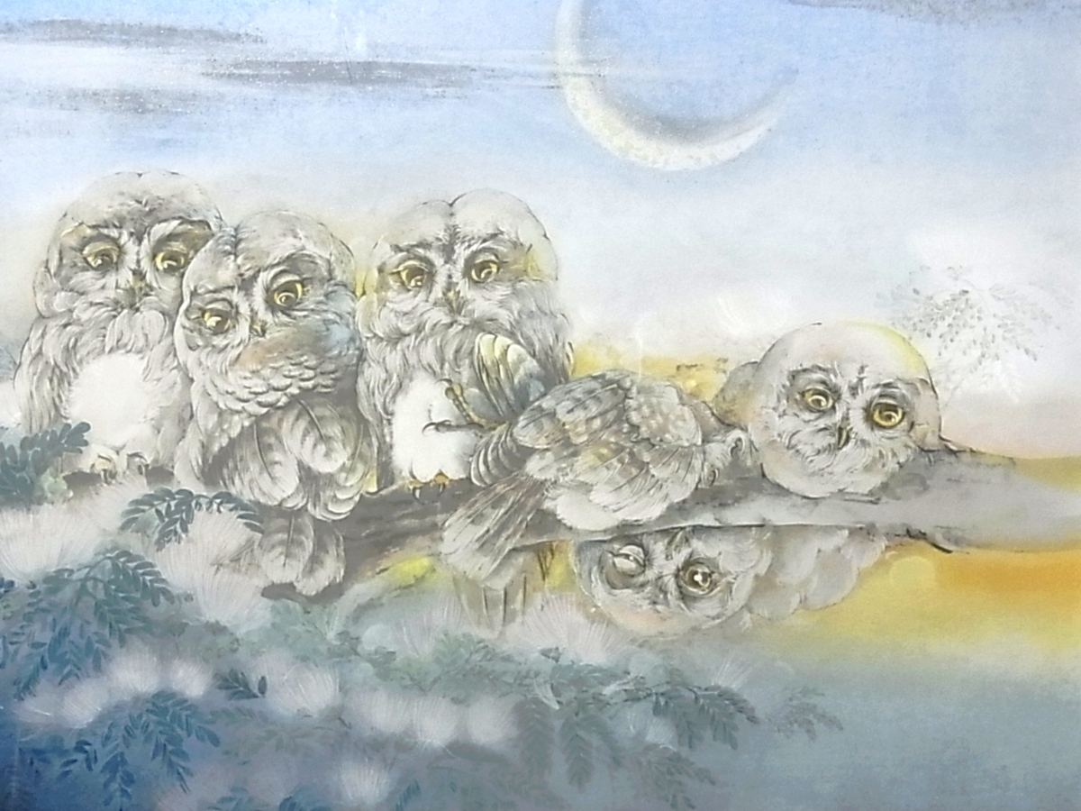 真作 小林康之 リトグラフ「ねむの木と五匹のふくろう」画寸 65cm×53cm 