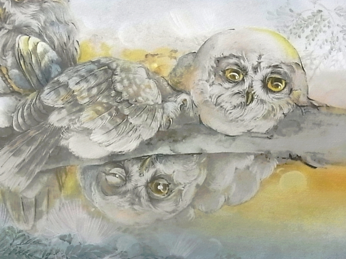 真作 小林康之 リトグラフ「ねむの木と五匹のふくろう」画寸 65cm×53cm 