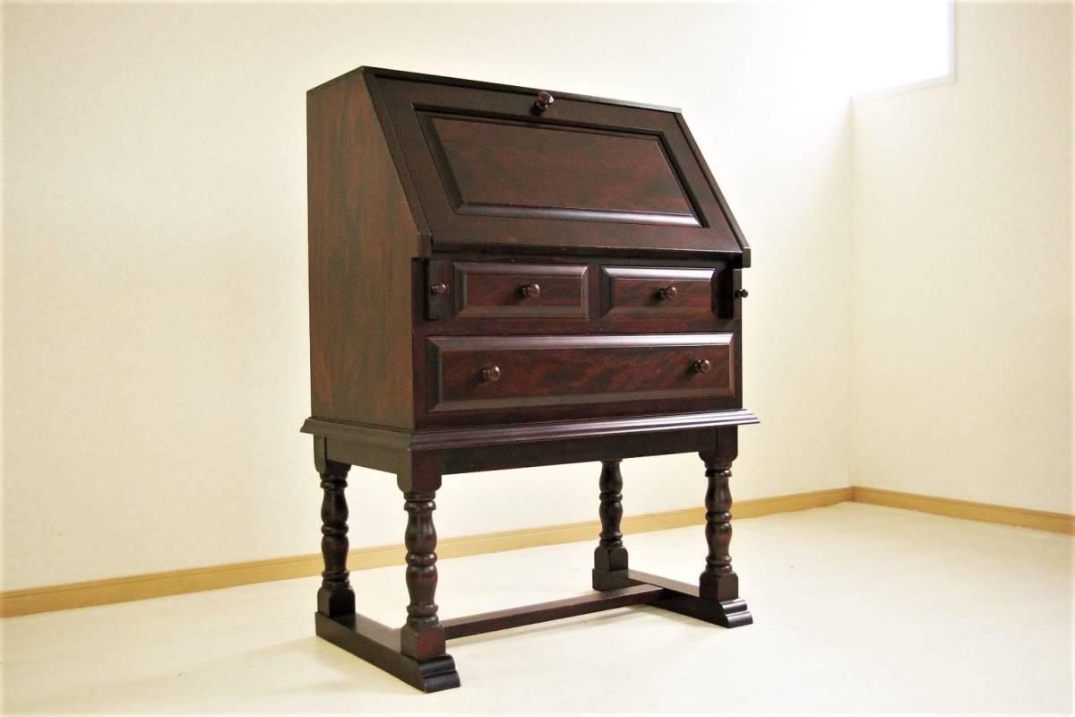 民芸 樺材無垢 ライティングビューロー デスク 高脚 書斎机 チェスト