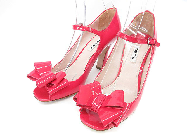 ミュウミュウ miumiu パンプス オープントゥ エナメル リボン 38.5