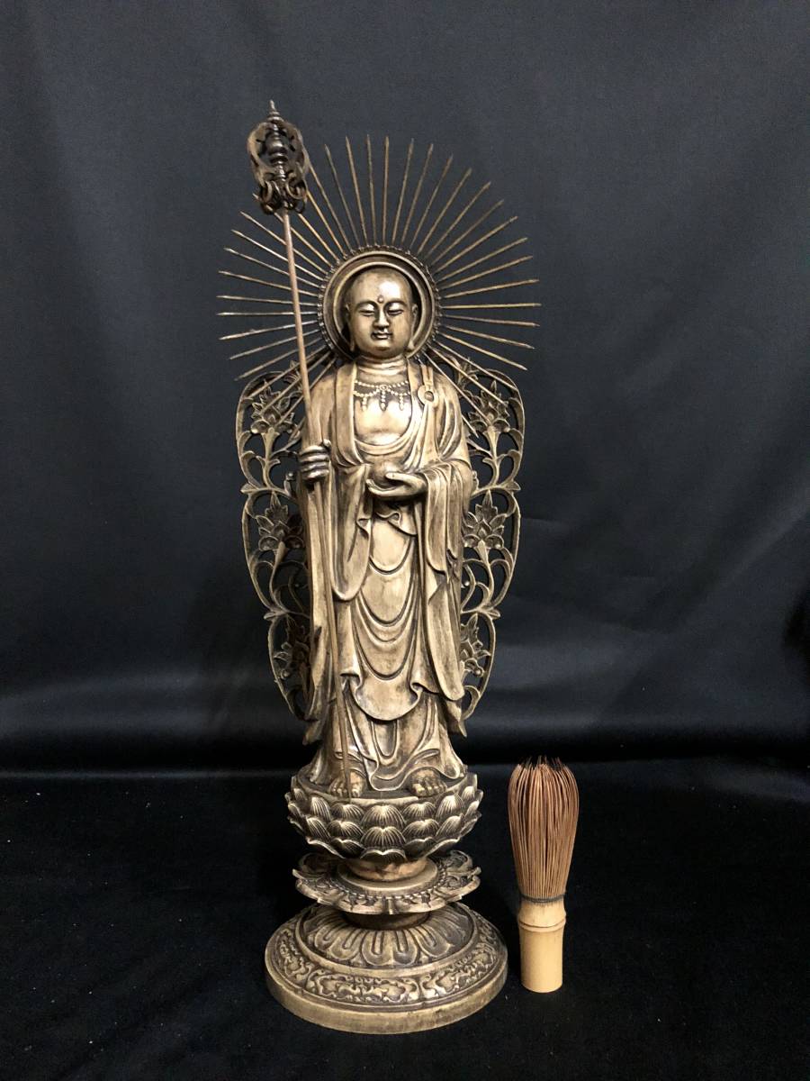 仏教工芸品 総柘植材 大型46cm 精密細工 時代彫刻 古美術 地蔵王