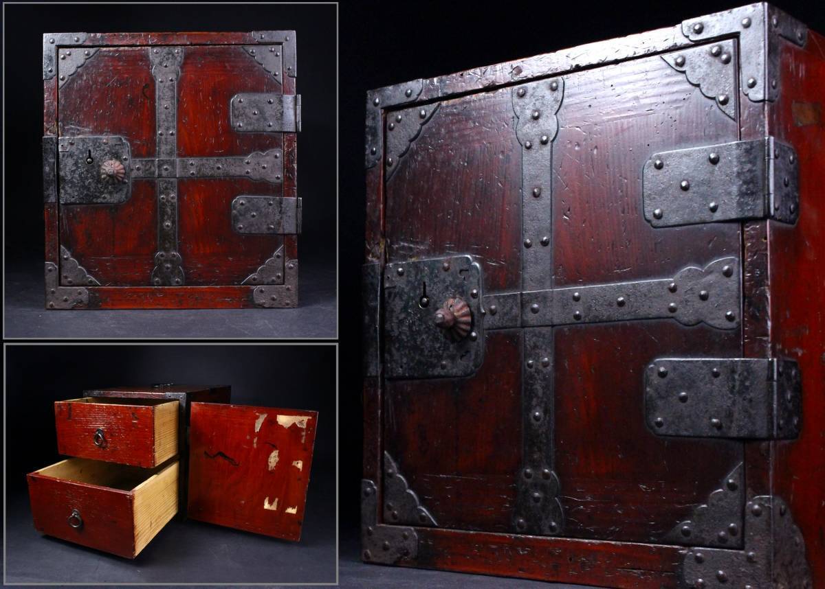 櫻】江戸期 欅無垢材 古鉄金具船箪笥 船金庫 時代古玩 [k]11