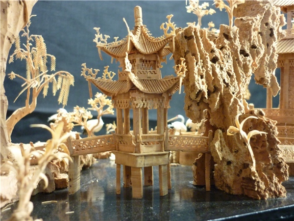 ▽Dd8▽コルク細工 細密 彫刻 置物 中国 古玩 唐物 美品 中国美術 