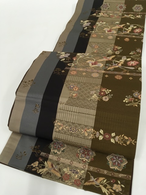 7344円から値引き中 ◇ 着物 名品 袋帯 茶色 華文 草花 梅 有職文様 鳥 引箔 六通 正絹