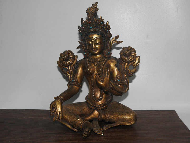 コメリ 綠 度 母 佛像 工芸品 珍品旧蔵 清 銅塗金 モザイク寶石