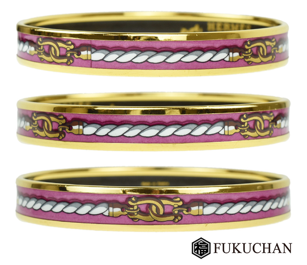HERMES エルメス エマイユPM 七宝焼き バングル ピンク×ゴールド金具 