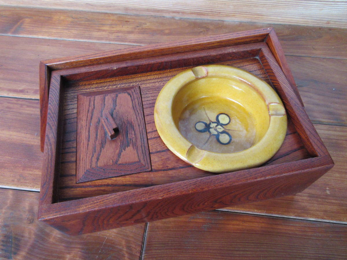 欅製 煙草盆 布志名焼 湯町窯 スリップウェア 灰皿 提手 煙草入 喫煙具