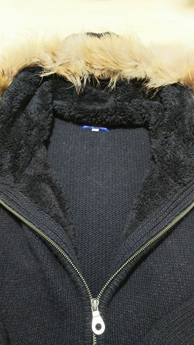 BURBERRY BLUELABEL ファー付き黒ニットパーカー 希少✨バーバリーブルーレーベルファーフードニットパーカー