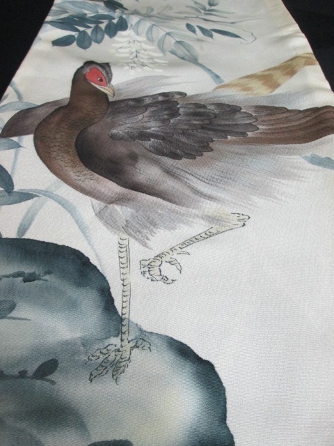 ★良品★ 1円 正絹 縮緬 雉 鳥 リバーシブル 鹿の子 お洒落 半幅帯 長さ430cm ◆逸品◆【夢職】