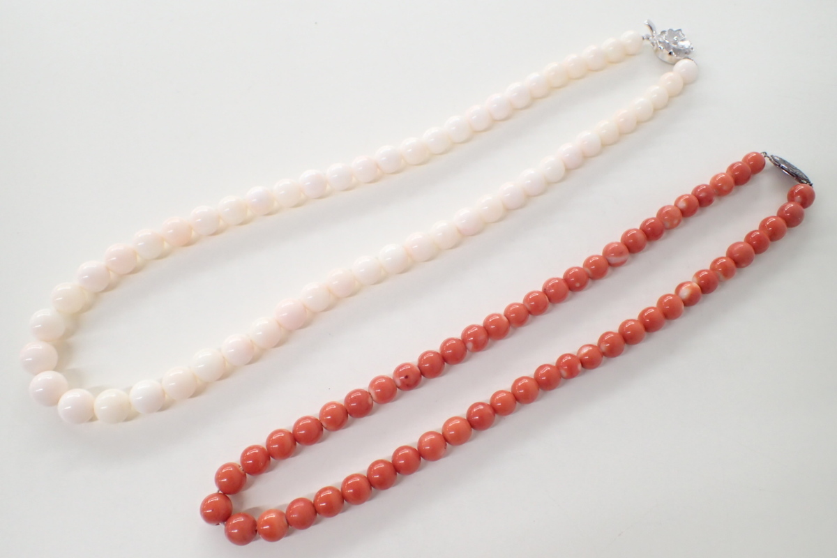 天然珊瑚 ネックレス 2本セット 桃玉 6.8mm～7.8mm 全長40.5cm 31.7g 