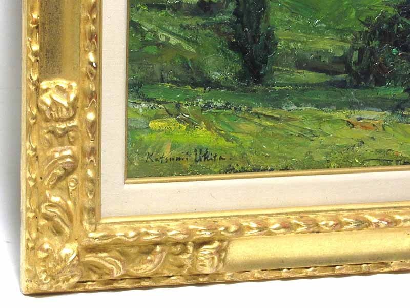 GINZA絵画館 浮田克躬 油絵10号 古城の村 遠望 公式鑑定証書