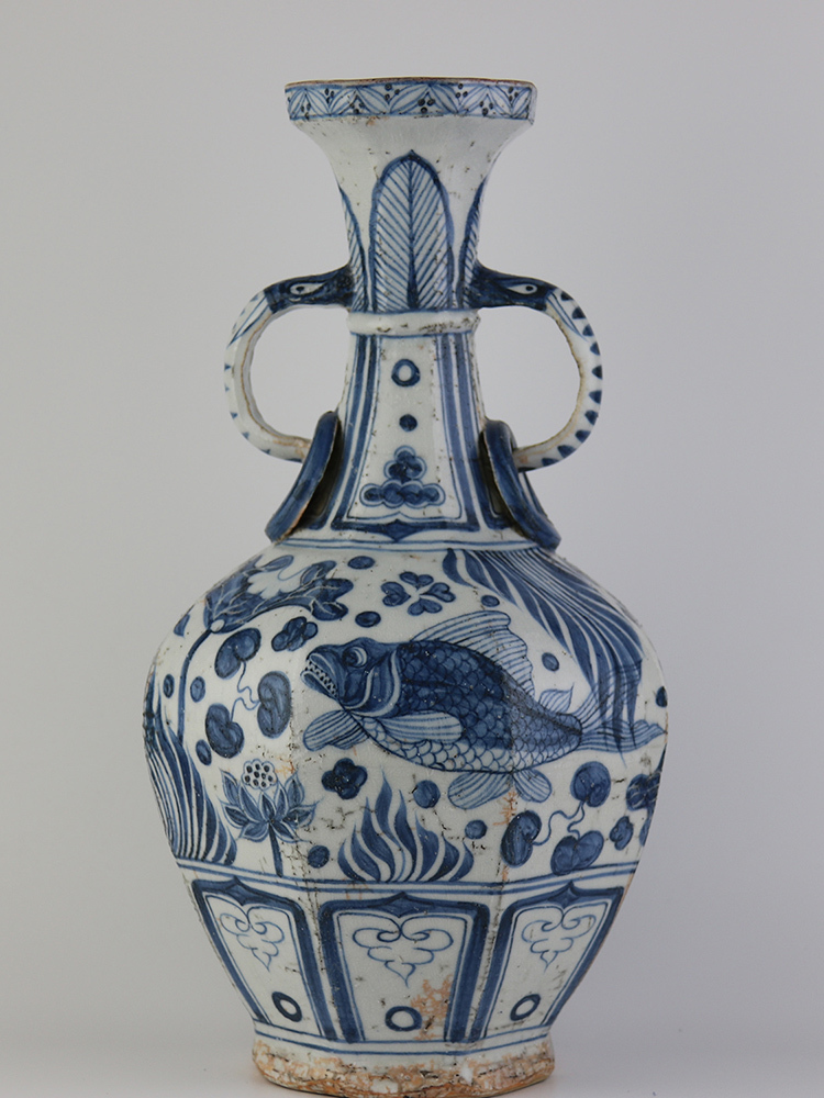 青花 染付 陶磁器 元時代 古 古びた蔵『明 魚藻文 箱付き