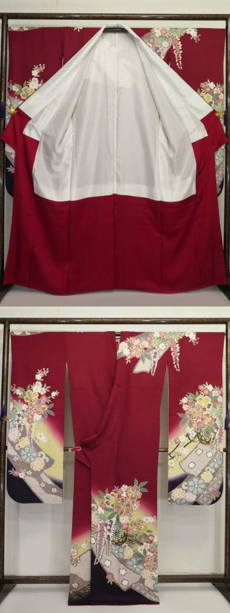 特 460octihaji 長寸 振袖袷 パールトーン加工 金彩加工 刺繍 花車 濃赤色 【中古Ａ】 | 成人式の振袖レンタル・振袖購入・ママ パールトーン加工 八掛 湯のし 成人式振袖カタログ(E-4602)