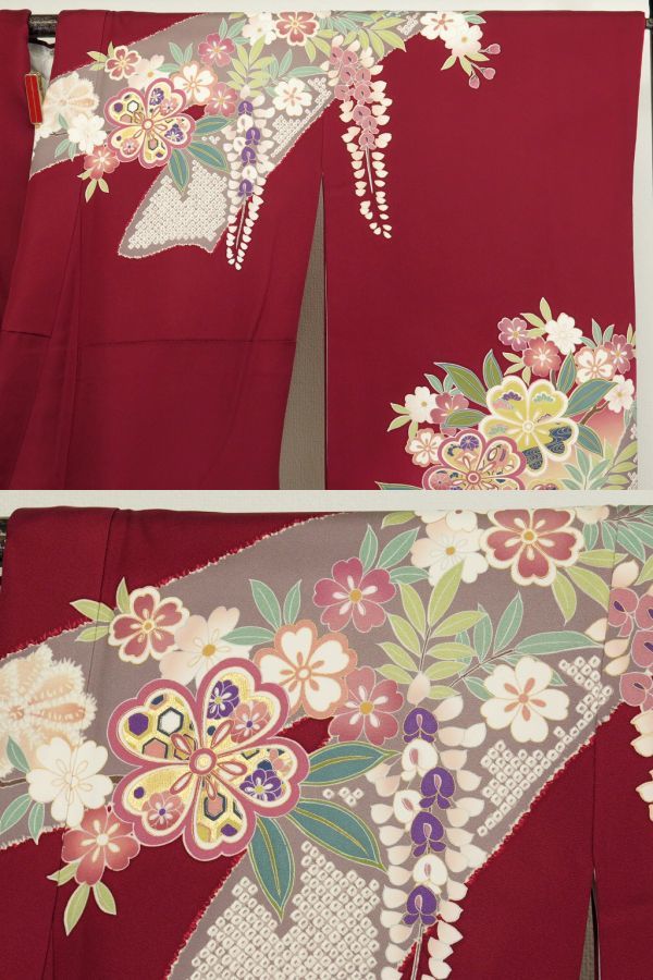 特 460octihaji 長寸 振袖袷 パールトーン加工 金彩加工 刺繍 花車 濃赤色 【中古Ａ】 | 成人式の振袖レンタル・振袖購入・ママ パールトーン加工 八掛 湯のし 成人式振袖カタログ(E-4602)