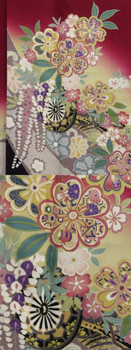 特 460octihaji 長寸 振袖袷 パールトーン加工 金彩加工 刺繍 花車 濃赤色 【中古Ａ】 | 成人式の振袖レンタル・振袖購入・ママ パールトーン加工 八掛 湯のし 成人式振袖カタログ(E-4602)