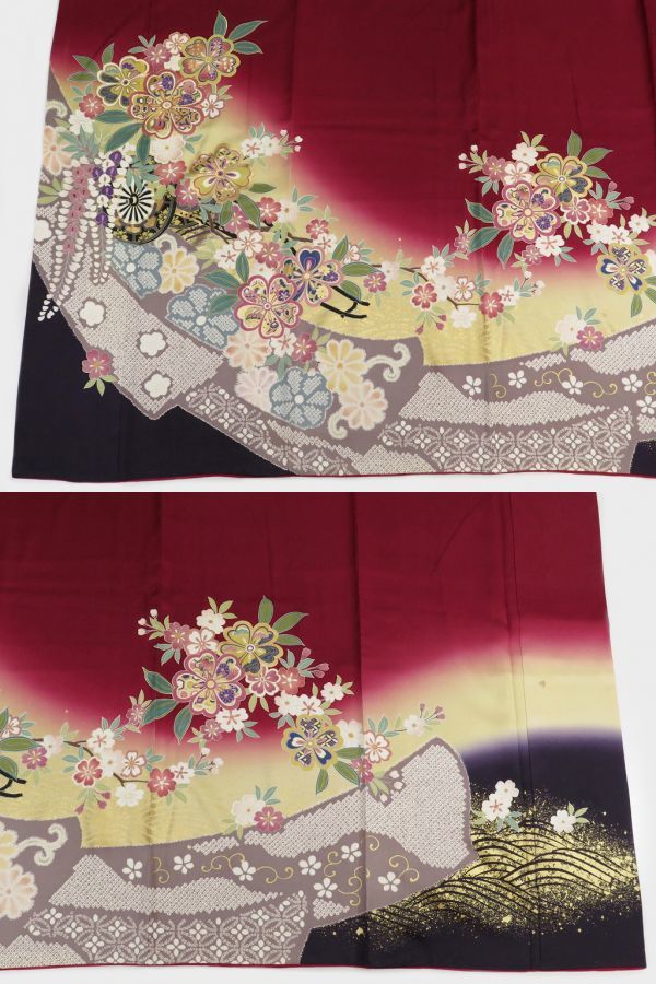 特 460octihaji 長寸 振袖袷 パールトーン加工 金彩加工 刺繍 花車 濃赤色 【中古Ａ】 | 成人式の振袖レンタル・振袖購入・ママ パールトーン加工 八掛 湯のし 成人式振袖カタログ(E-4602)