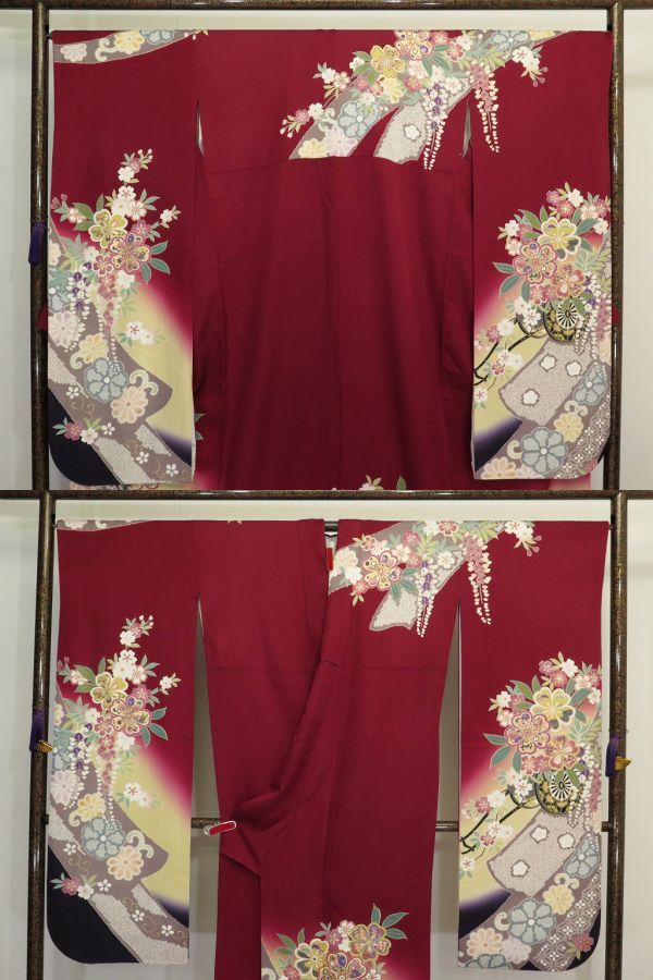 特 460octihaji 長寸 振袖袷 パールトーン加工 金彩加工 刺繍 花車 濃赤色 【中古Ａ】 | 成人式の振袖レンタル・振袖購入・ママ パールトーン加工 八掛 湯のし 成人式振袖カタログ(E-4602)