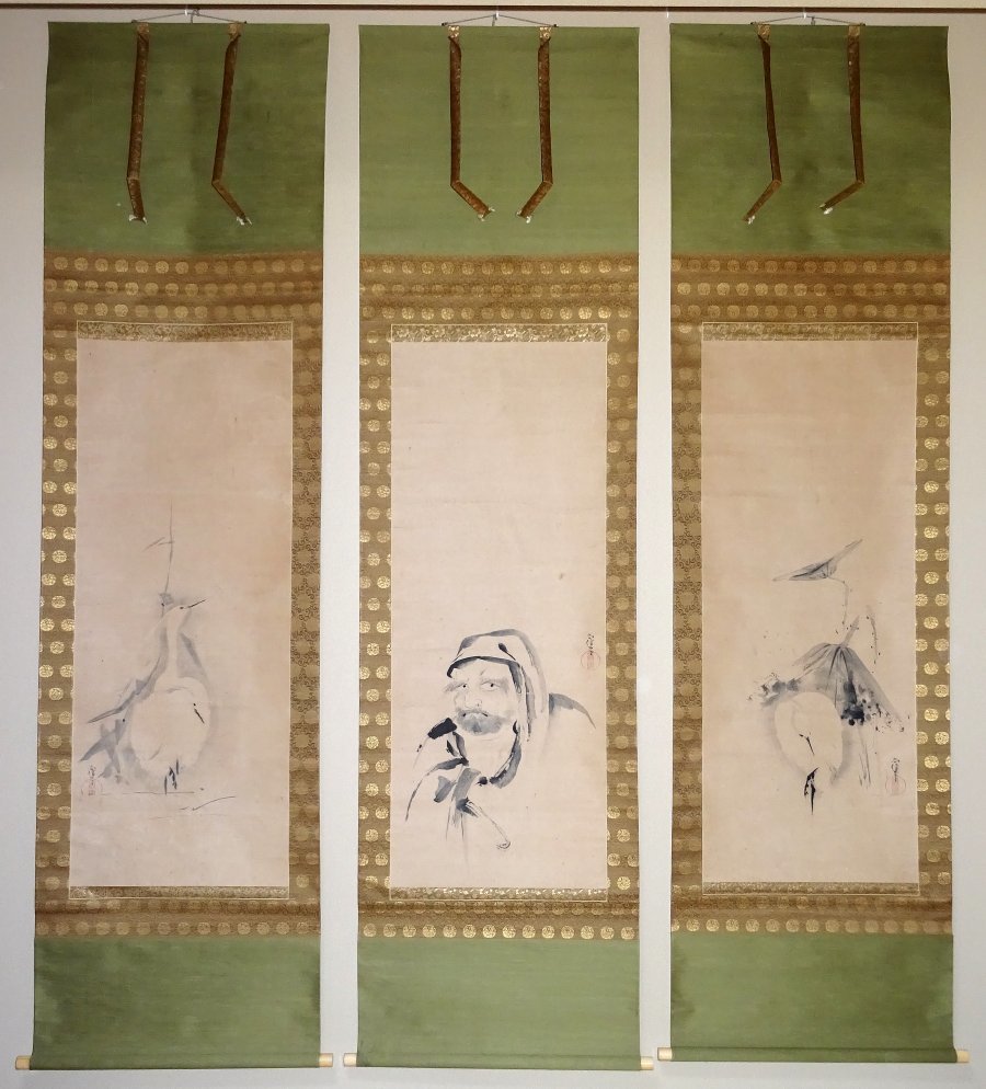 掛軸 狩野尚信 3幅対 達磨に鷺図 真筆保証 江戸前期 狩野派の絵師 木挽