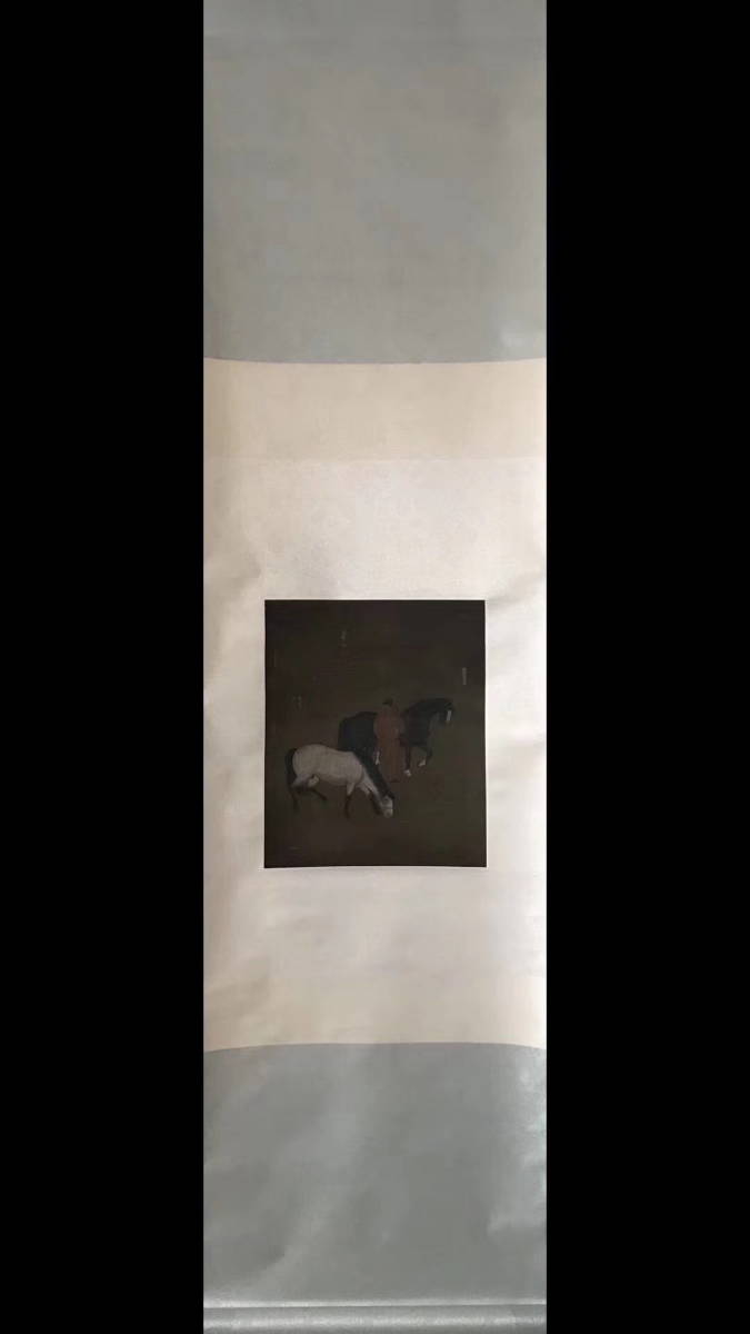 ◆稲川一家◆【模写】【渡来】趙孟フ『人馬図』肉筆絹本 中国画 宋代名家 40x28センチ
