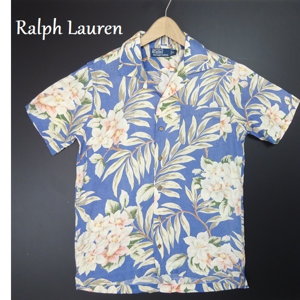 ラルフローレン 麻 100% 花柄 アロハシャツ ボタンダウン size M 