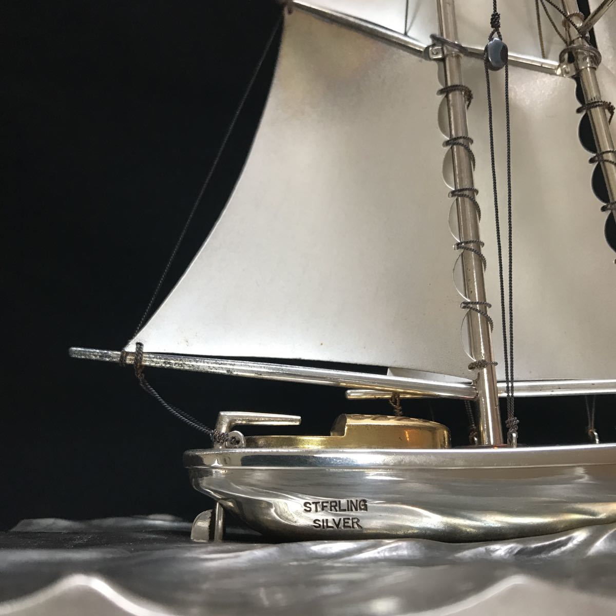 銀製　大型ヨット　置物　「STERLING SILVER」刻印入り　2本マスト大型帆船　銀製品　_2