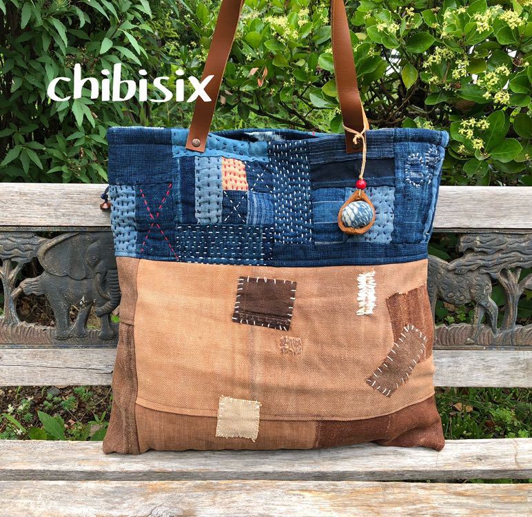 本物保証 chibisixハンドメイド 古布 バッグ酒袋 藍染 型染め 刺し子