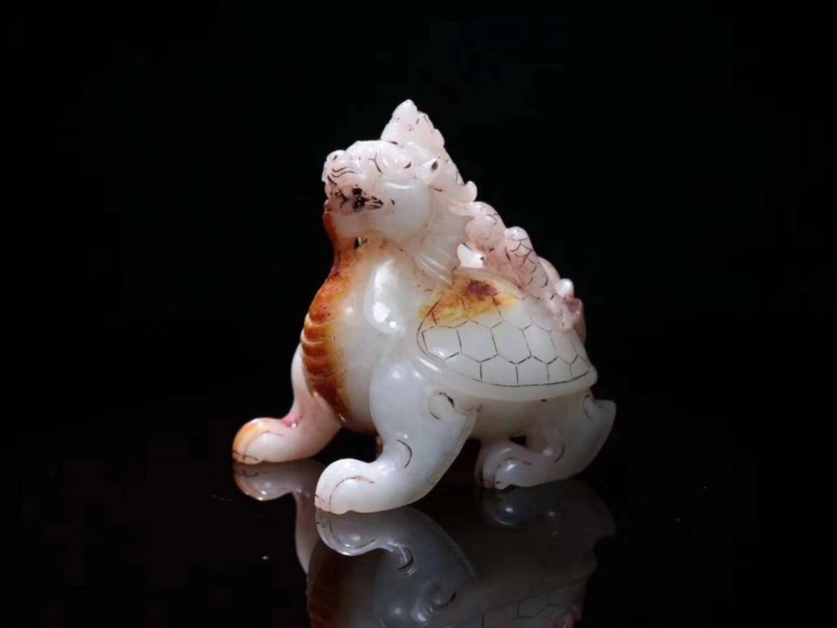 唐物 ◇高古和田玉子玉彫り 龍亀瑞獣手把件◇ 中国古董品 中国古美術