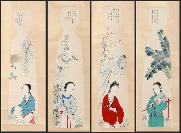 中国古美術・純手描き仕女図三尺画芯・水墨・彩色画・張大千印款・書道