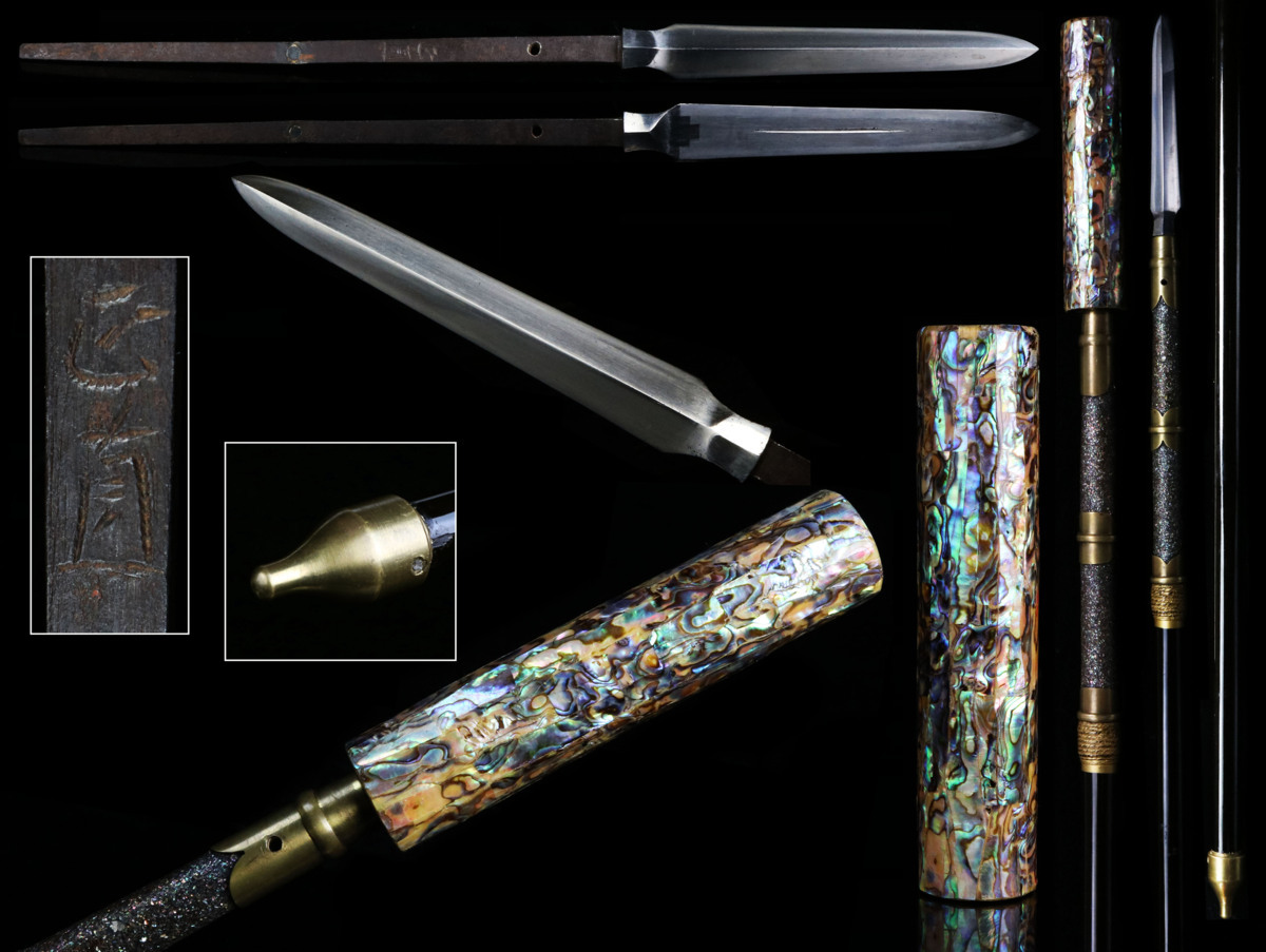 昊】大名献品 上青貝螺鈿細工外装拵 槍 直槍 三角槍 正直銘 時代武具