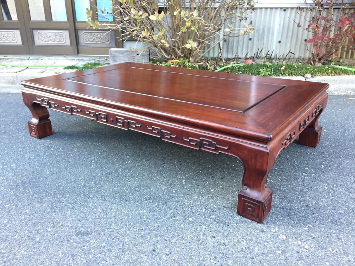 希少【彫刻入り 高級座卓テーブル 唐木 重厚 東洋工芸 骨董 中国古美術