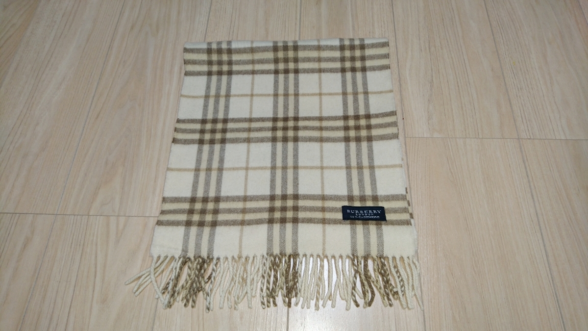 高級 肌触り◎ バーバリー ロンドン カシミア100％ マフラー 美品 ノバチェック柄 2 クリーム色