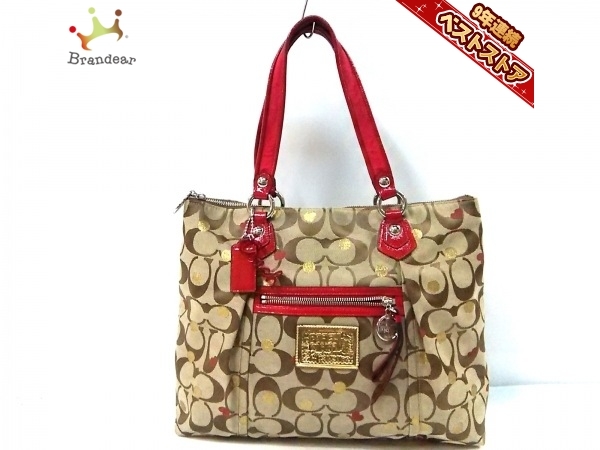 コーチ COACH トートバッグ 16289 ポピー シグネチャー ルレックス グラムトート ジャガード×エナメル(レザー) カーキ×レッド バッグ