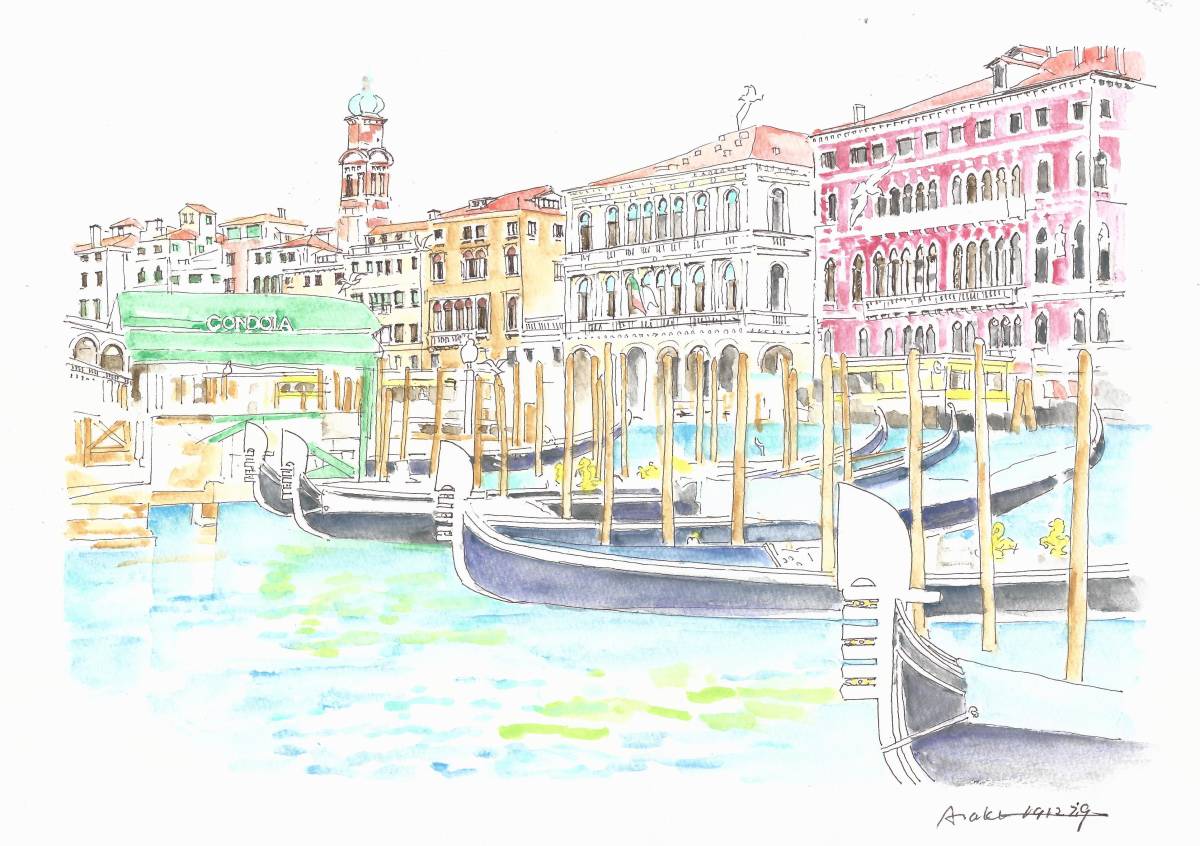 レーヌ　手描き　水彩画　イタリア　ベニス　ゴンドラ乗り場 ゴンドラ乗り場 イタリア 手描き 水彩画 ベニス 世界遺産の街並み
