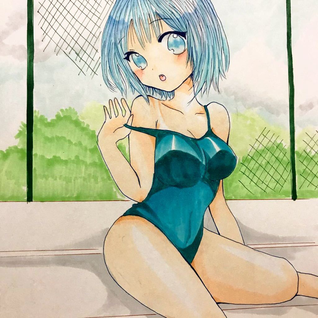 スク水の日焼け女の子☆手描きイラスト☆オリジナル☆(手描きイラスト