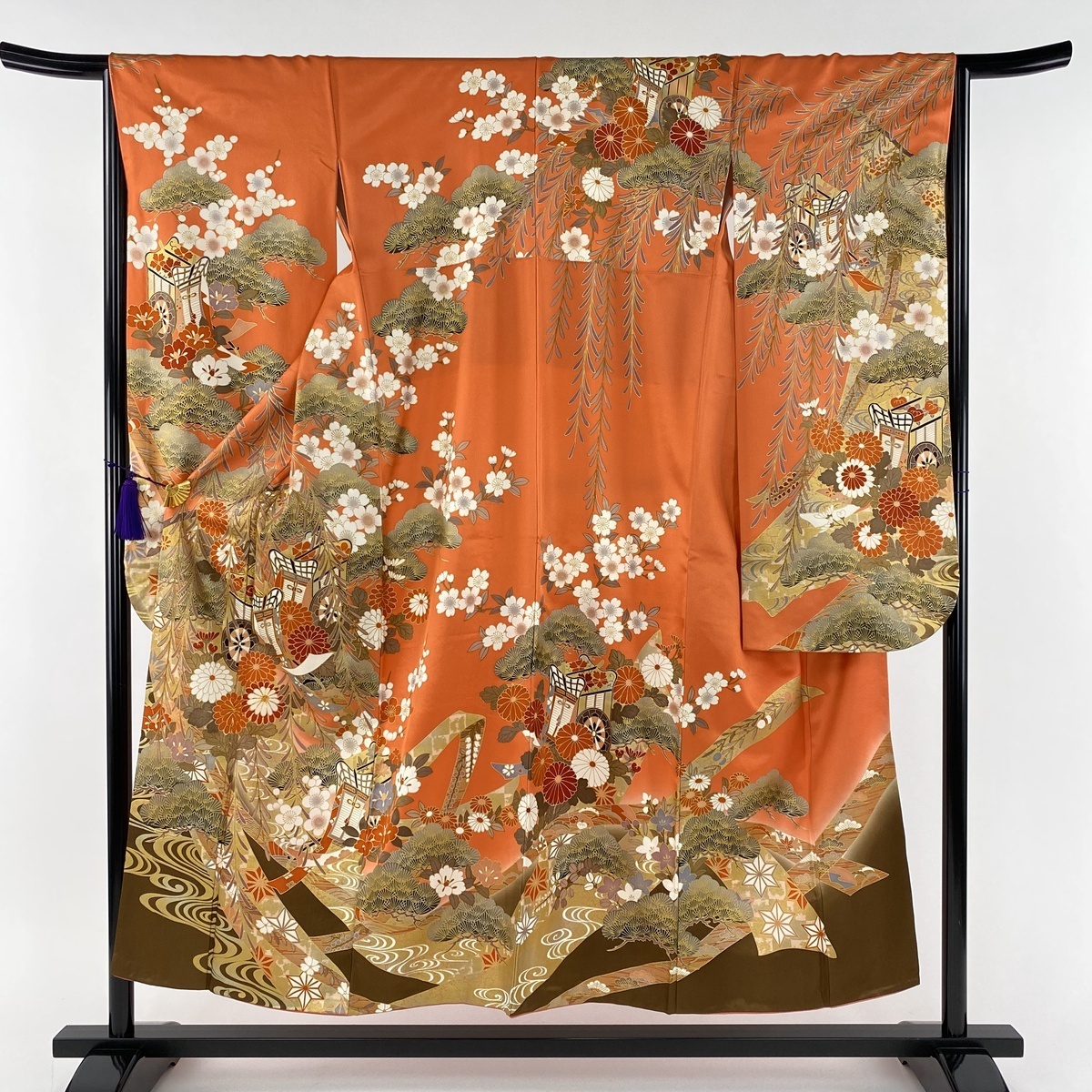 振袖 美品 名品 御所車 草花 金糸 金彩 茜色 袷 身丈152cm 裄丈65cm M