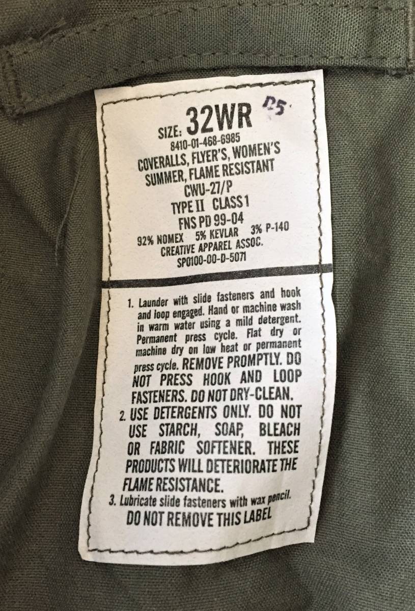 女性用耐炎フライトスーツ　CWU-27/P　セージ色　サイズ32WR　バーコードタグ付新品　米軍_3