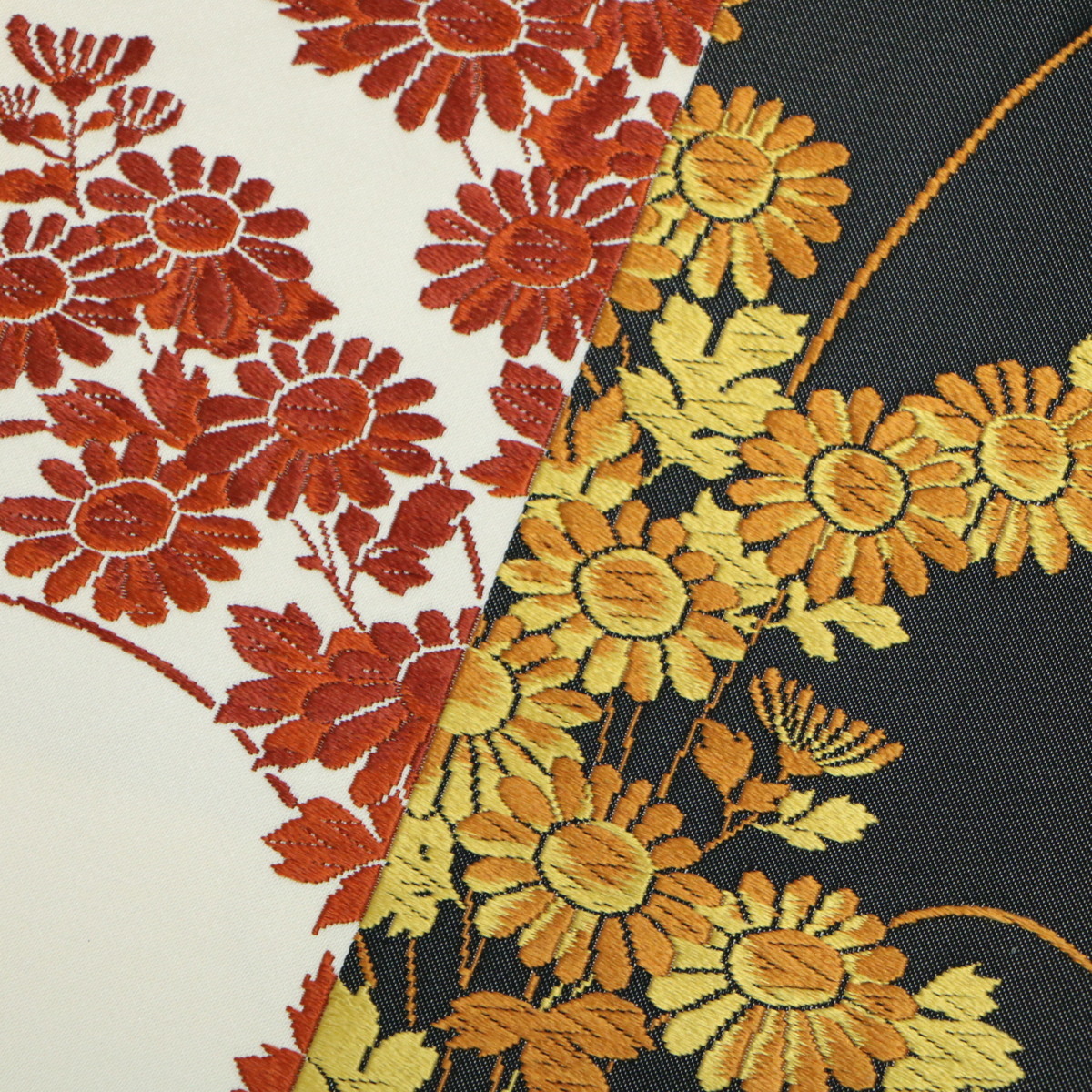 八寸名古屋帯 刺繍加工 花柄 お太鼓柄 生成り/黒色系 正絹 長さ:3㍍59