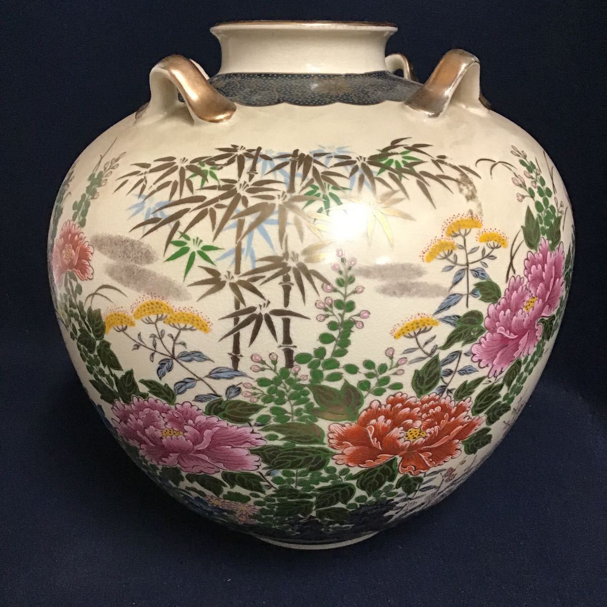 薩摩秀峰 色絵金彩 無傷 四耳壺 壺 金襴手 牡丹 唐草金彩青粒