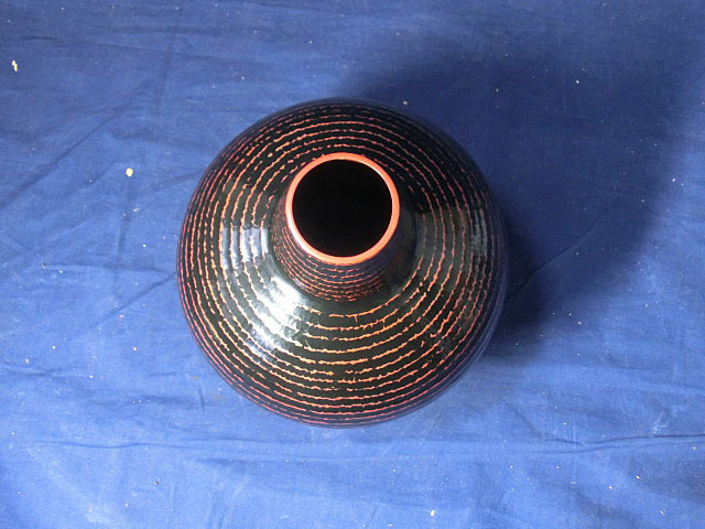 割引特注品 玉川堂 製 細口線條文 鎚起銅器 花瓶（共箱）茶道具（壷）