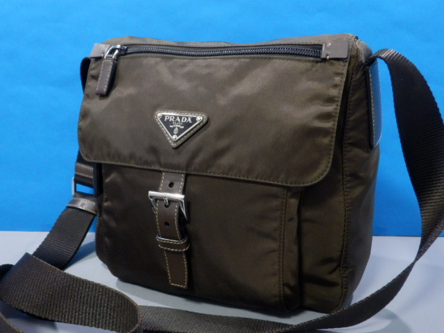1円 超美品 PRADA プラダ ナイロン×レザー ショルダー バッグ 茶色 