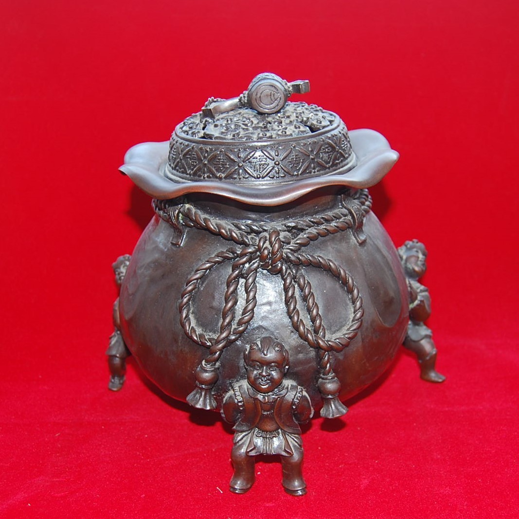 二上常太郎 元威作 蝋型鋳銅 細密細工 鳳凰耳牡丹獅子香炉 造形美 最高