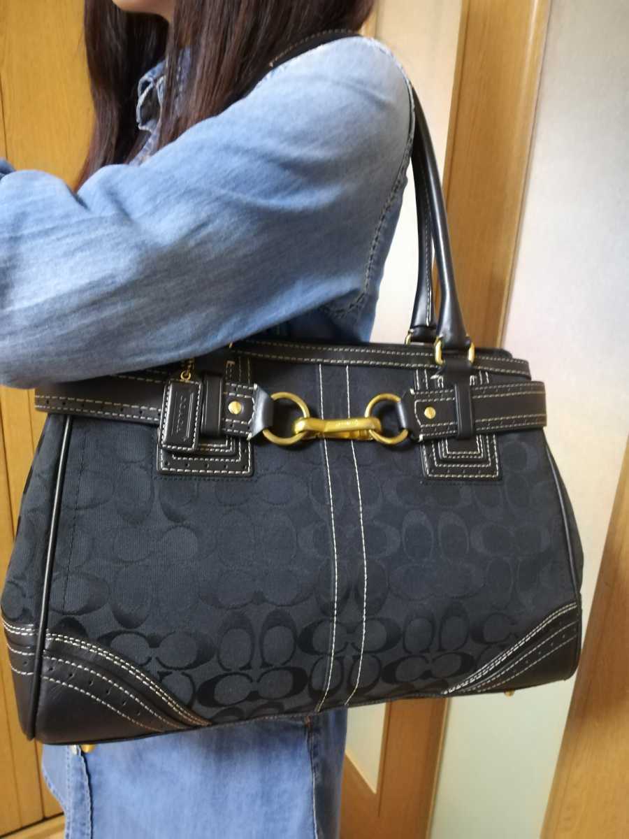 美品　COACH(コーチ)　上質高級　牛革　キャンバス　ラージサイズ　トートバッグ　色ブラック