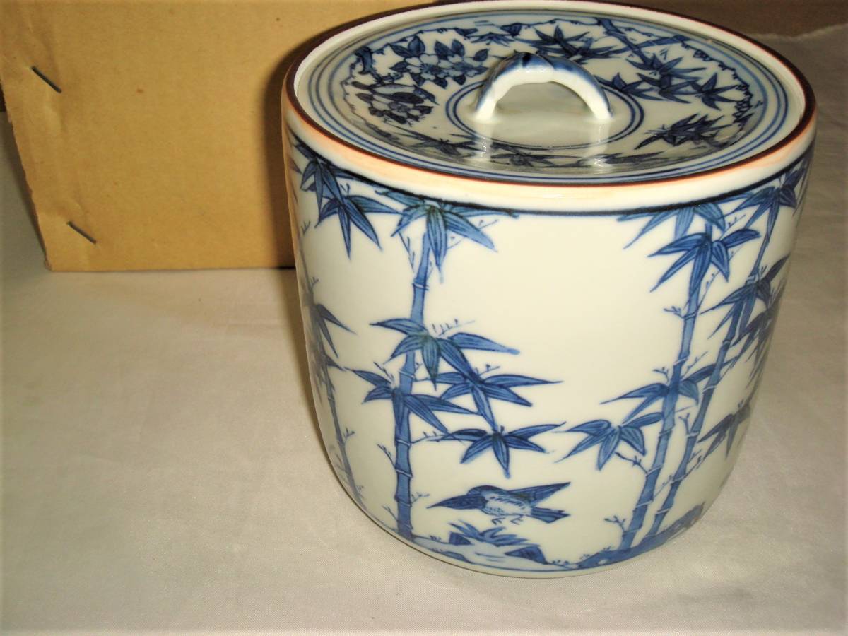 水指 京焼 染付 茶道具 赤絵 竹文 平安祥堂 共箱入り 茶道