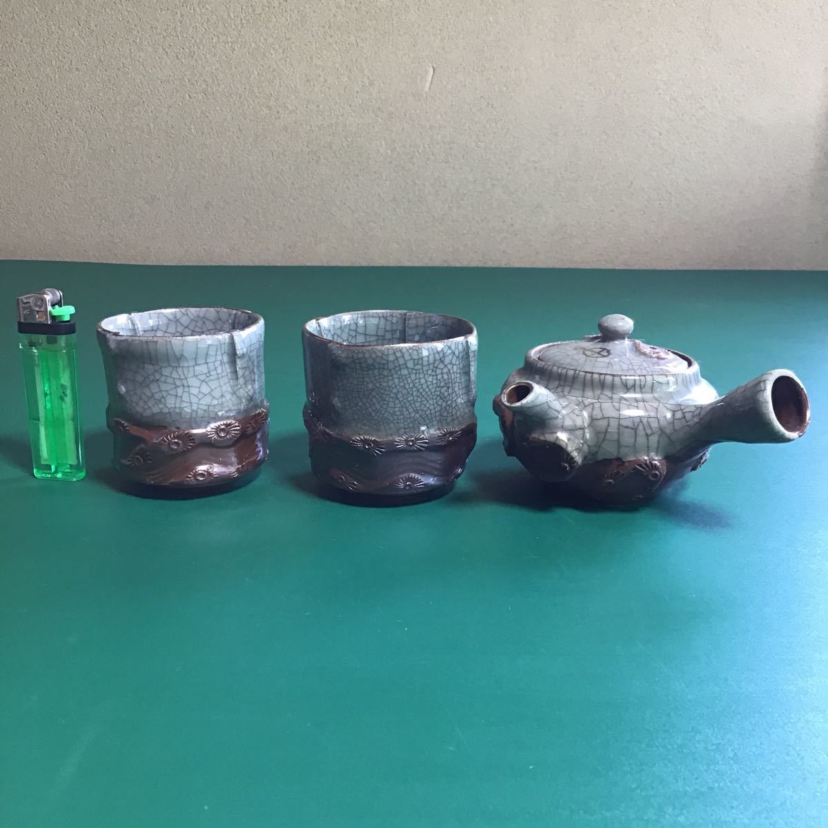 ◯so14 相馬焼　湯呑　急須　セット　3個　相馬　湯飲み　湯呑み　湯のみ　茶器　検索　煎茶道具　煎茶　馬_1