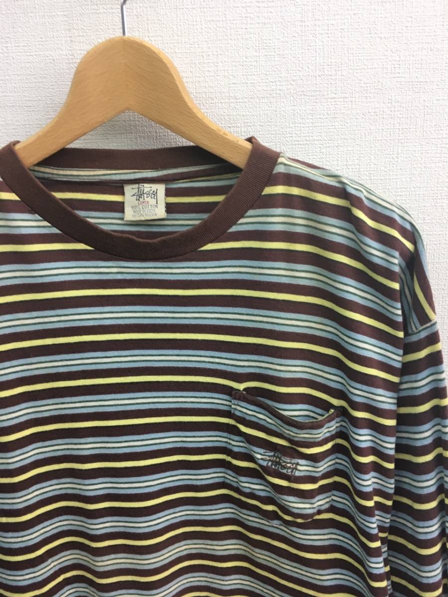 HZ6032☆STUSSY マルチボーダー柄 長袖ポケットTシャツ☆L☆ブラウン 