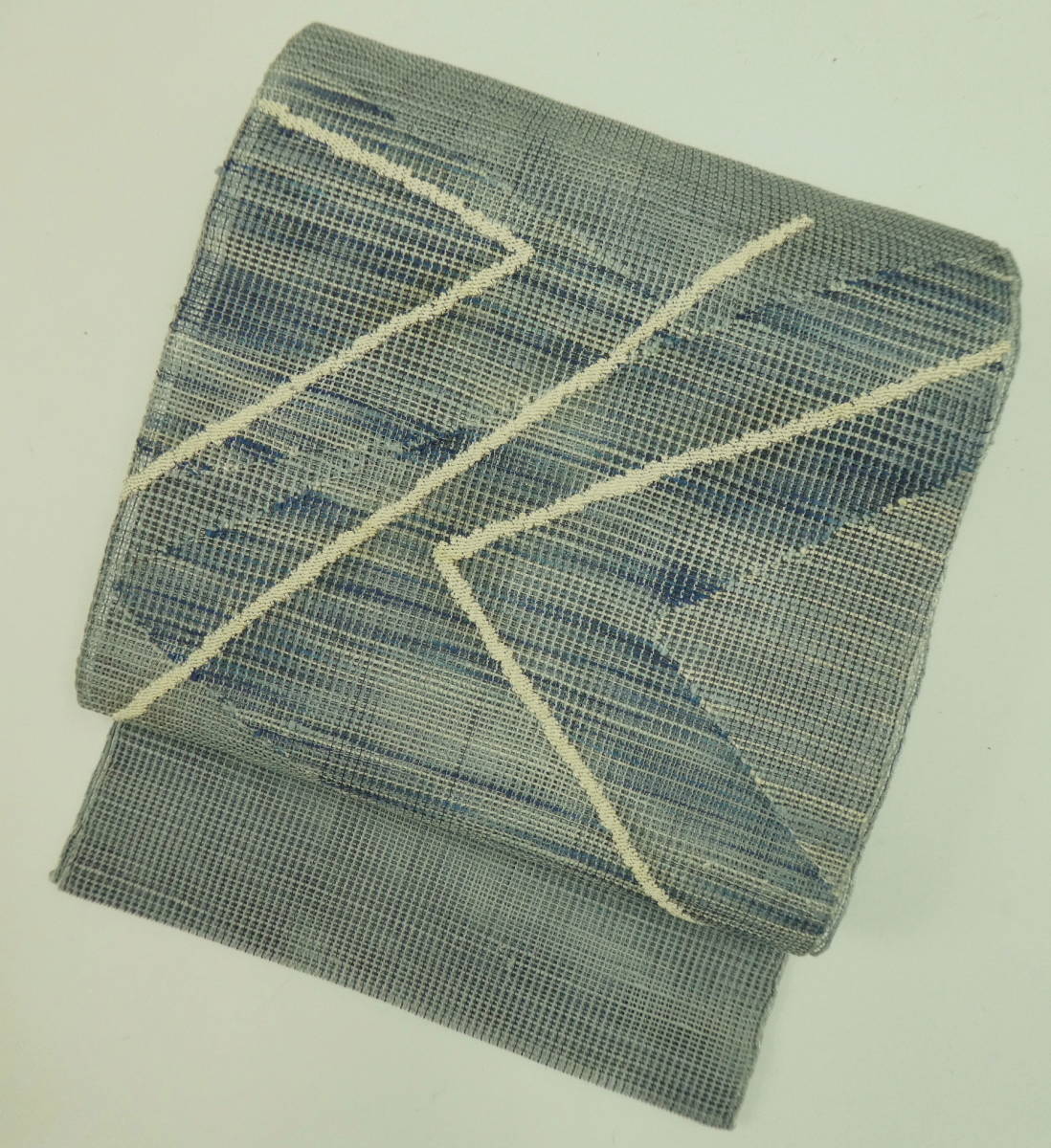 夏物　織りの八寸名古屋帯（抽象華文）正絹美品 正絹 盛夏用名古屋帯 羅 中古・リサイクル - 八寸 卵色 抽象柄 名古屋