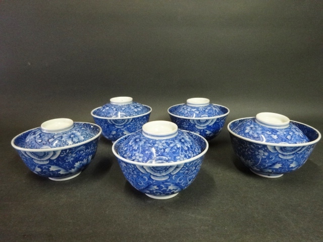 広吉堂】伊万里 蓋茶碗 茶碗 染付 古美術 時代物 美品 5客 【公式通販】