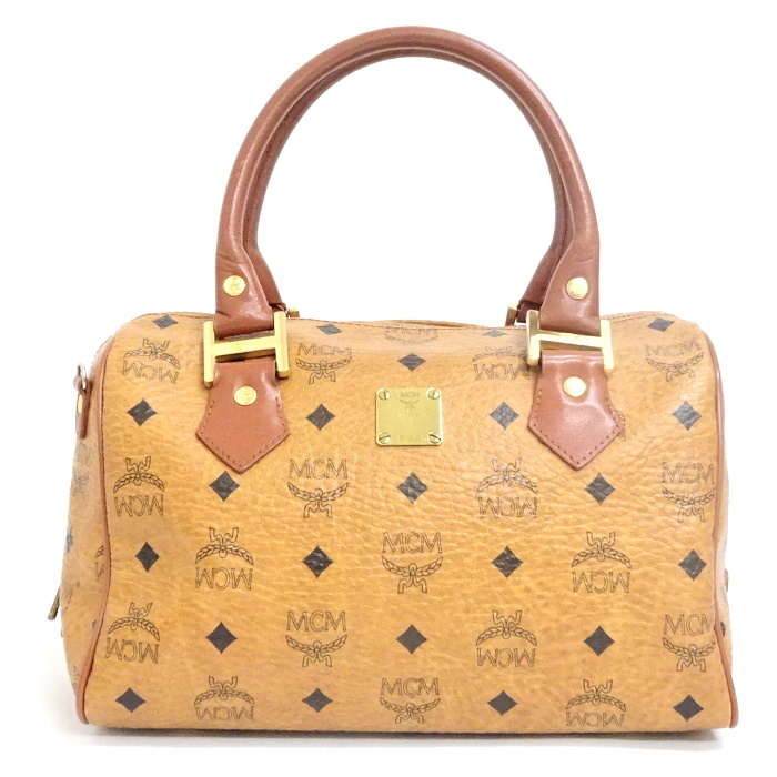 本物保証　MCM 　柄物　ブラウンレザー　ショルダー付　ボストンバッグ　２６ ショルダーバッグ 皮革 レザー ロゴ 茶 ブラウン（2024⁄10⁄24買取 MCM