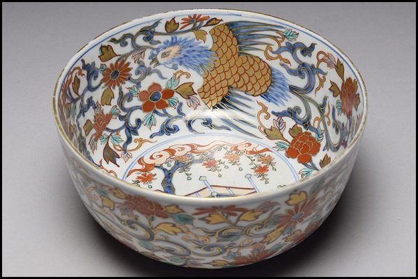 鉢□古伊万里 みごとな大鉢(江戸後期～明治期) 鳳凰紋 窓絵花唐草赤絵