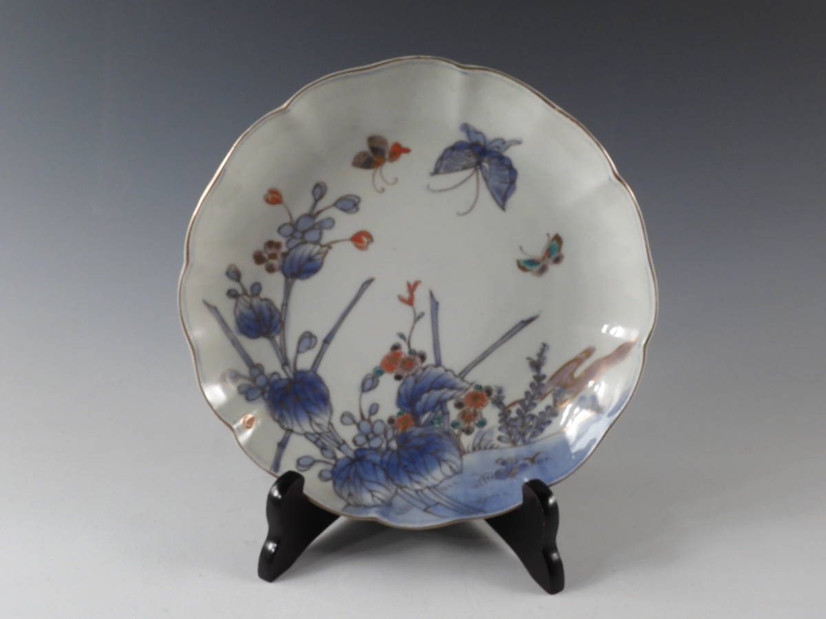 ◇栄◇古伊万里 色絵 花蝶文 輪花 飾皿 24.5cm 無傷完品 江戸期 50y271